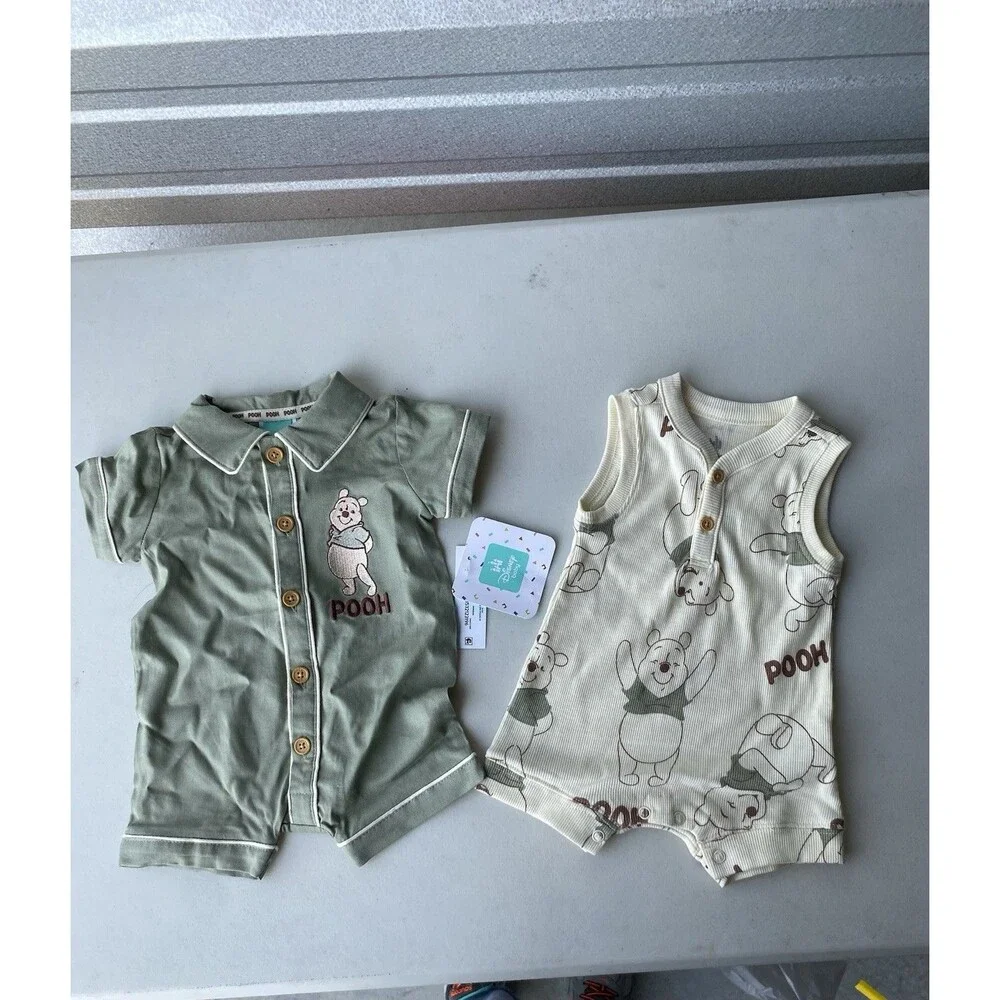 Disney Baby Winnie the Pooh Romper Set 2pc 0-3M Sage Green Oatmeal Ribbed NWT